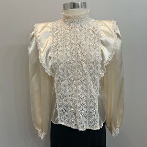 Vintage 80s Victorian Lace Satin Cream Blouse High Neck Power Shoulders Size S